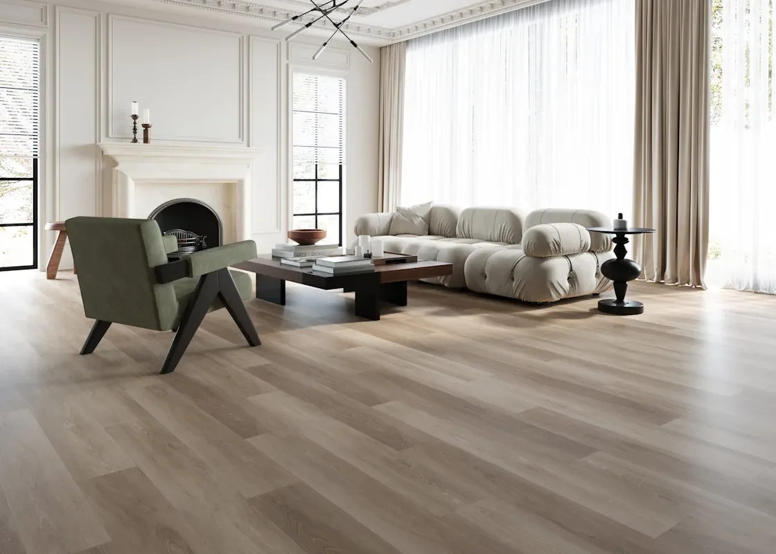 Luxury vinyl flooring in a bright family living room