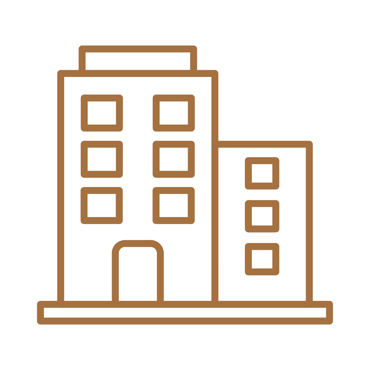 Outline drawing of a multi-story building with several windows and an arched entrance, and an adjacent shorter building with windows.