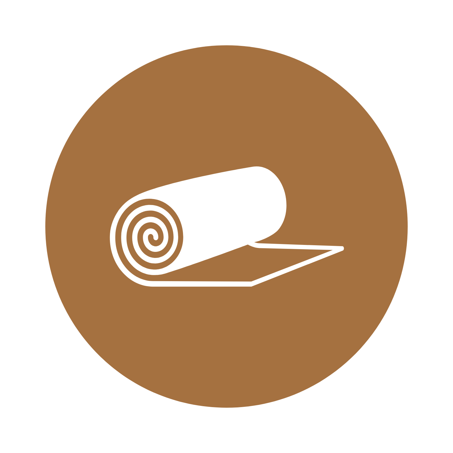 A white outline of a rolled-up blankFlooring samples arranged for a home remodeling projectet or mat on top of a folded mat against a brown circular background.