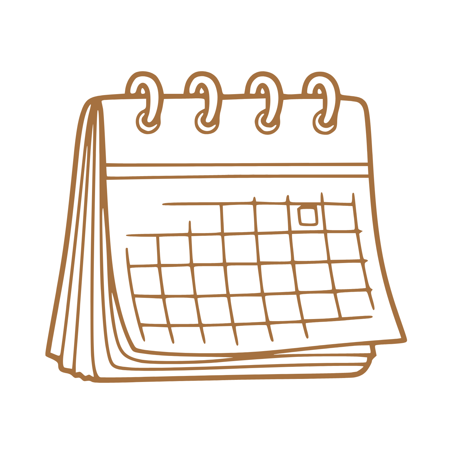 Brown outline drawing of a desktop calendar with a grid, showing the date 10, against a black background.