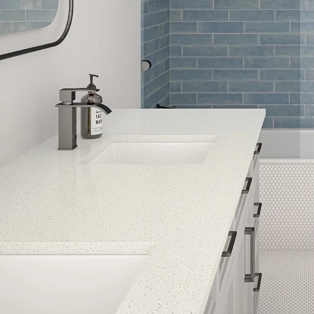 Modern bathroom remodel with tile flooring and shower tile