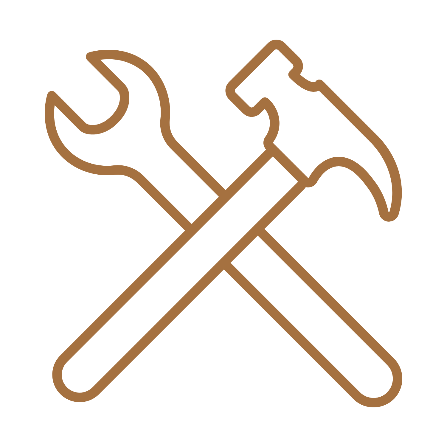 Line drawing of a wrench and hammer crossed over each other, with a screwdriver behind them.