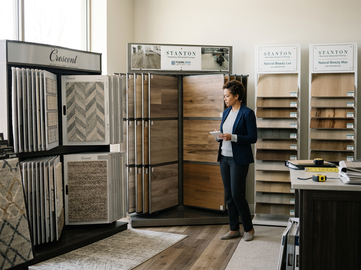 A woman in business attire standing in a flooring store, examining sample boards of wood and carpet flooring.