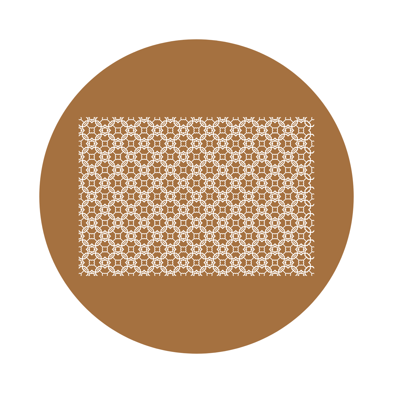 A white and brown patterned rectangle with floral and geometric motifs, placed on a large brown circle with a black background.