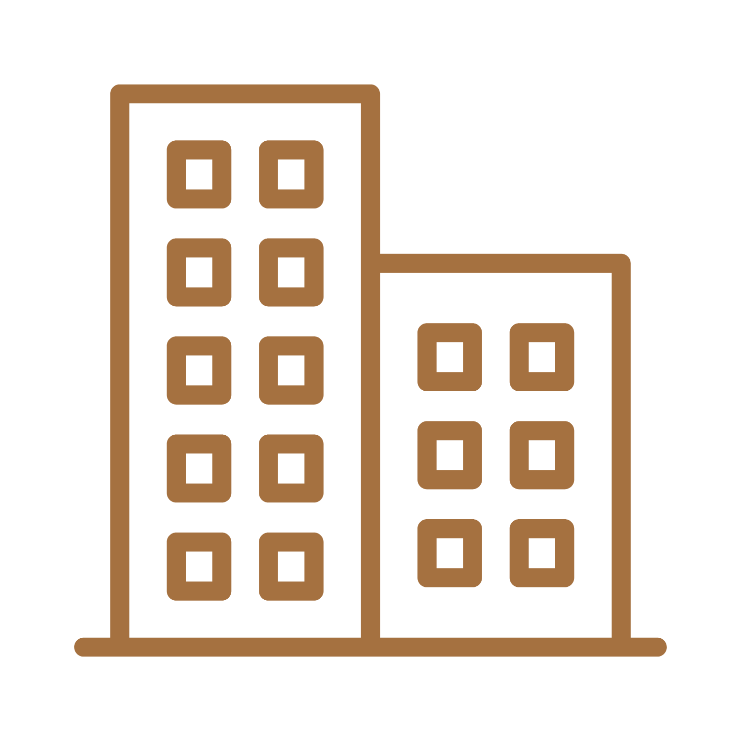 Outline drawing of two tall office buildings with multiple windows, one with nine windows and the other with six, in brown line art style.