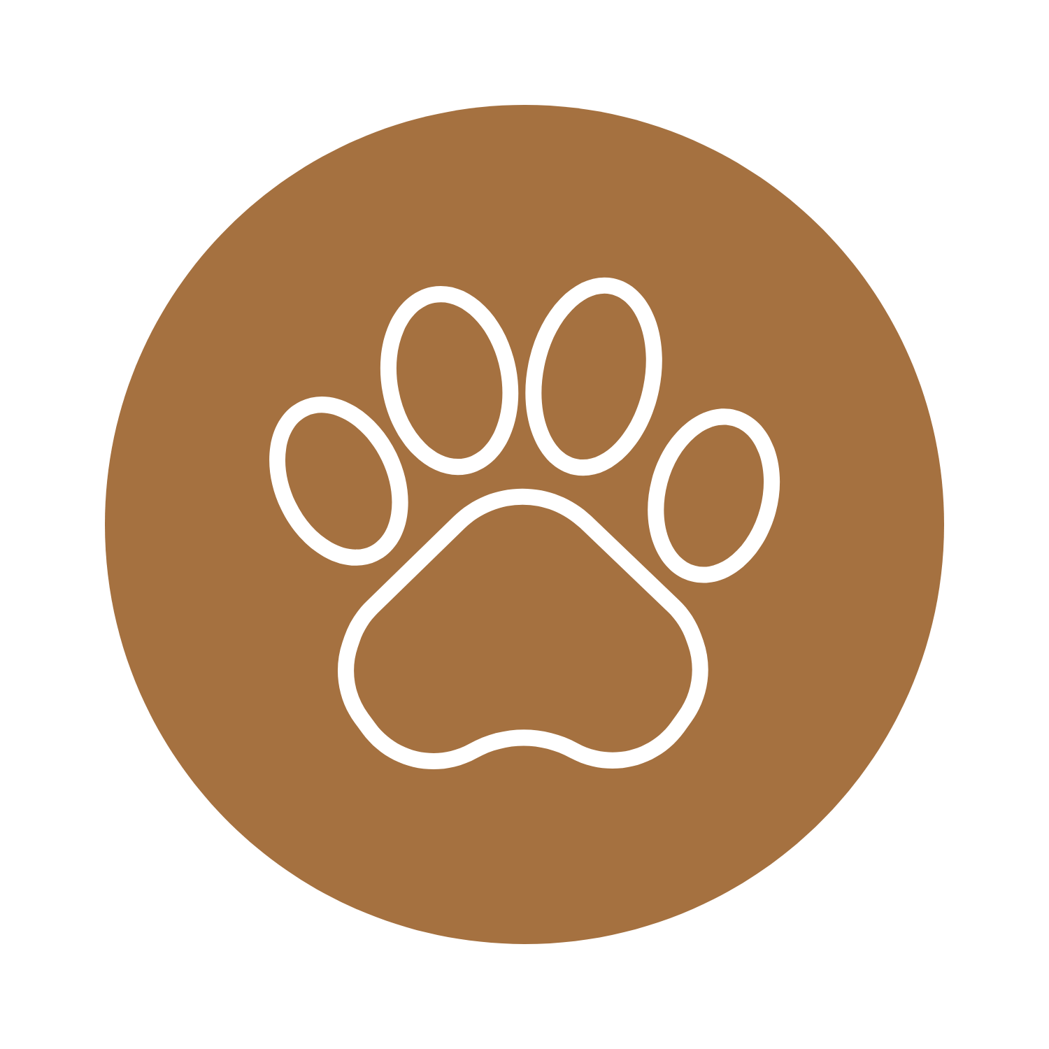 A black circular background with a brown circle in the center, featuring a white outline paw print design.