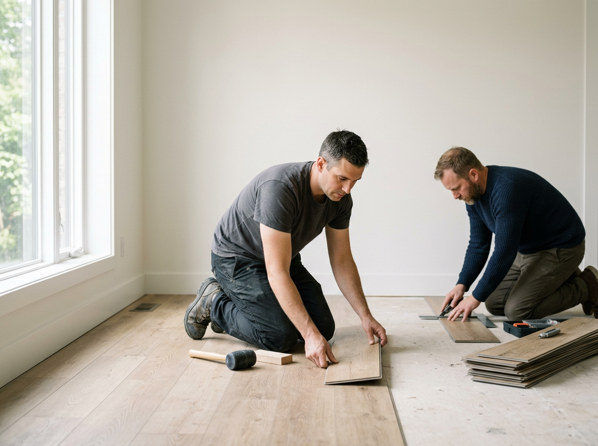 Professional hardwood flooring installation in progress