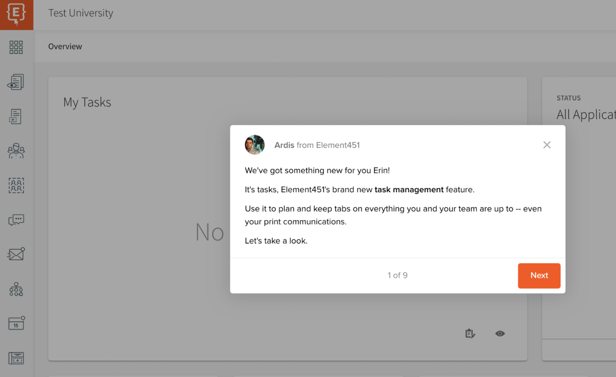 an image of a product tour for task management in a higher ed crm