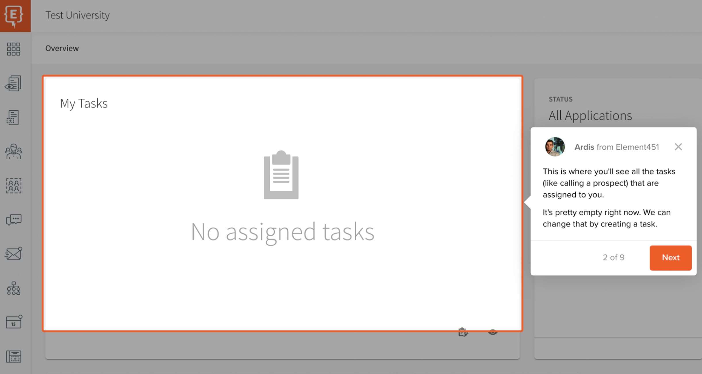 an image of a product tour for task management in a higher ed crm