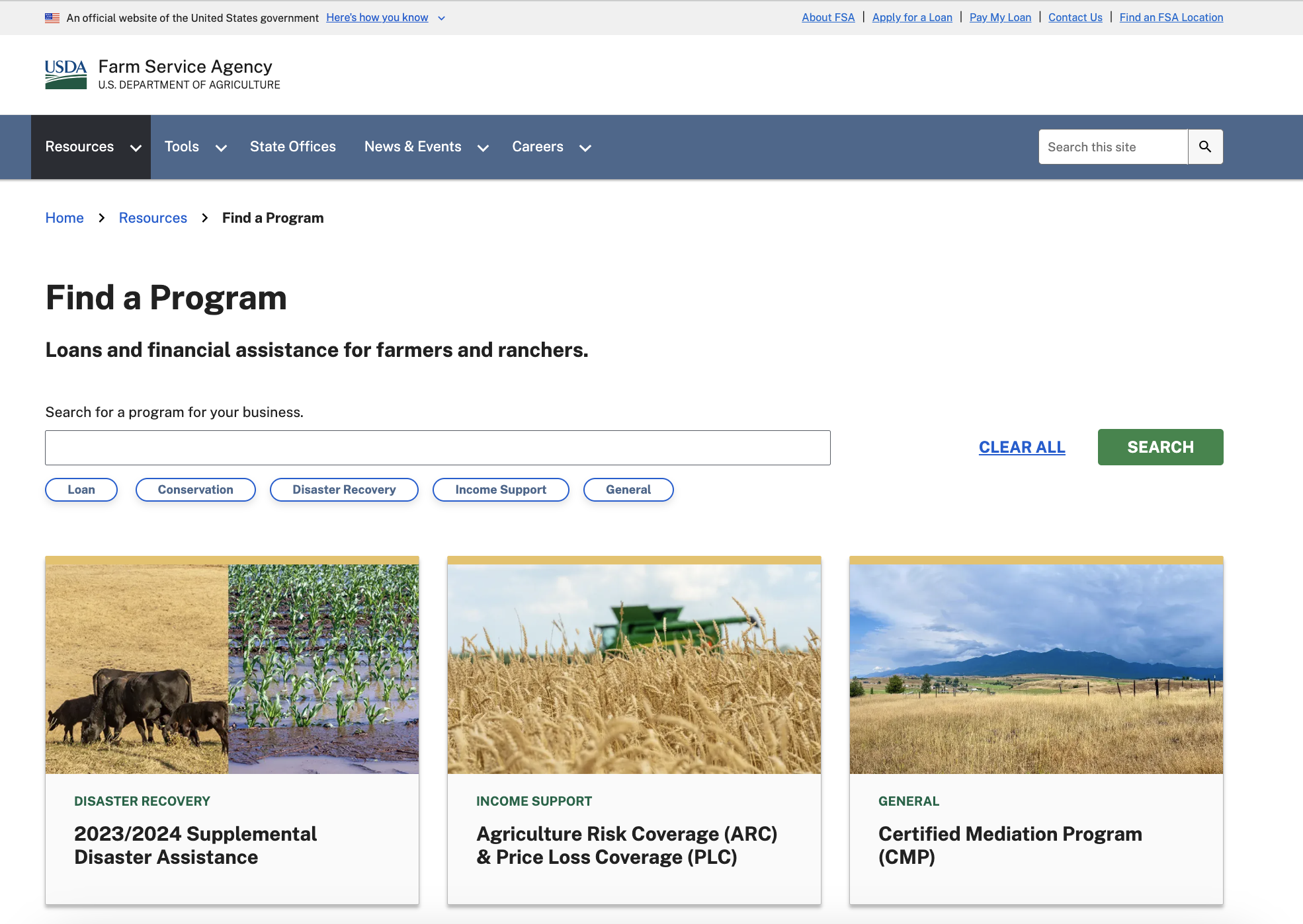 A screenshot of the Find a Program landing page for the FSA website