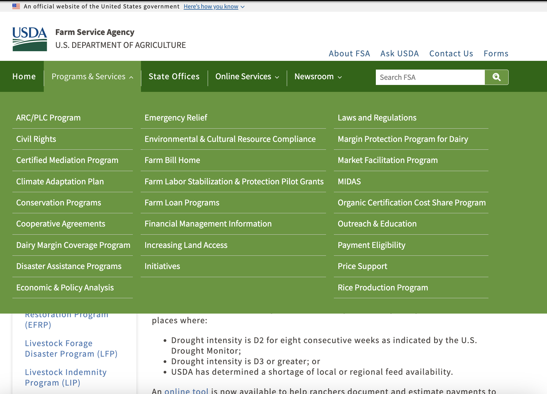 An image of an archived version of the FSA website and its main menu