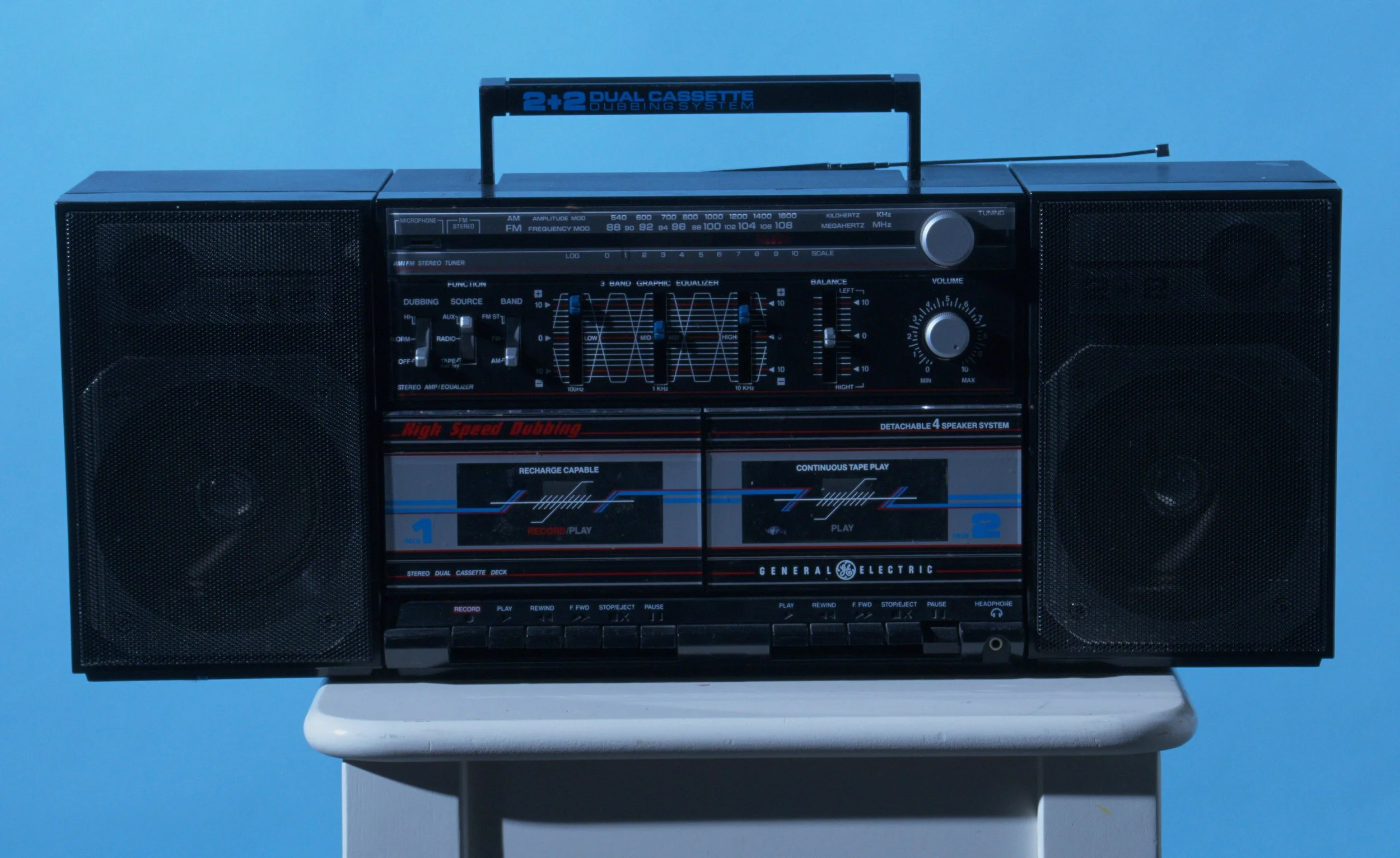 A vintage black boombox with speakers on each side, sitting on a white table against a blue background.