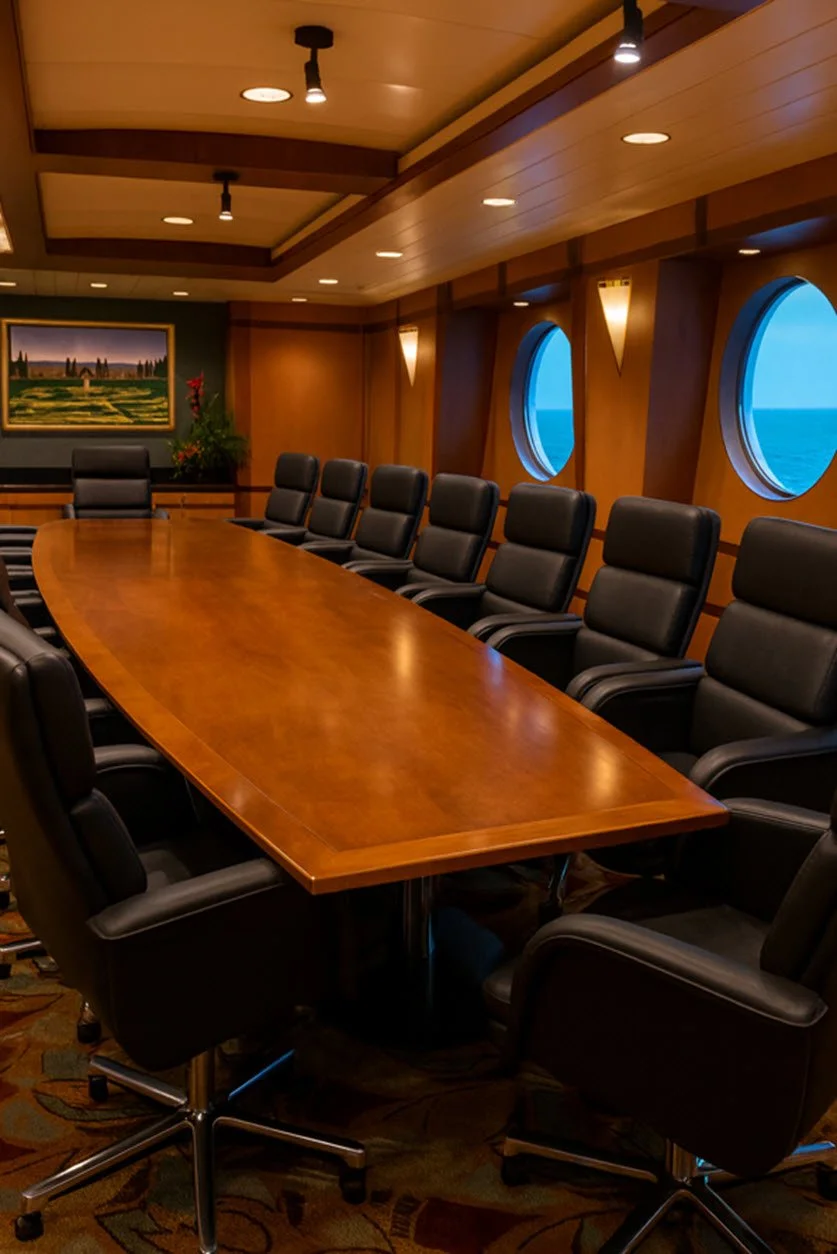 A cruise ship conference room with a large wooden table surrounded by black leather office chairs.
