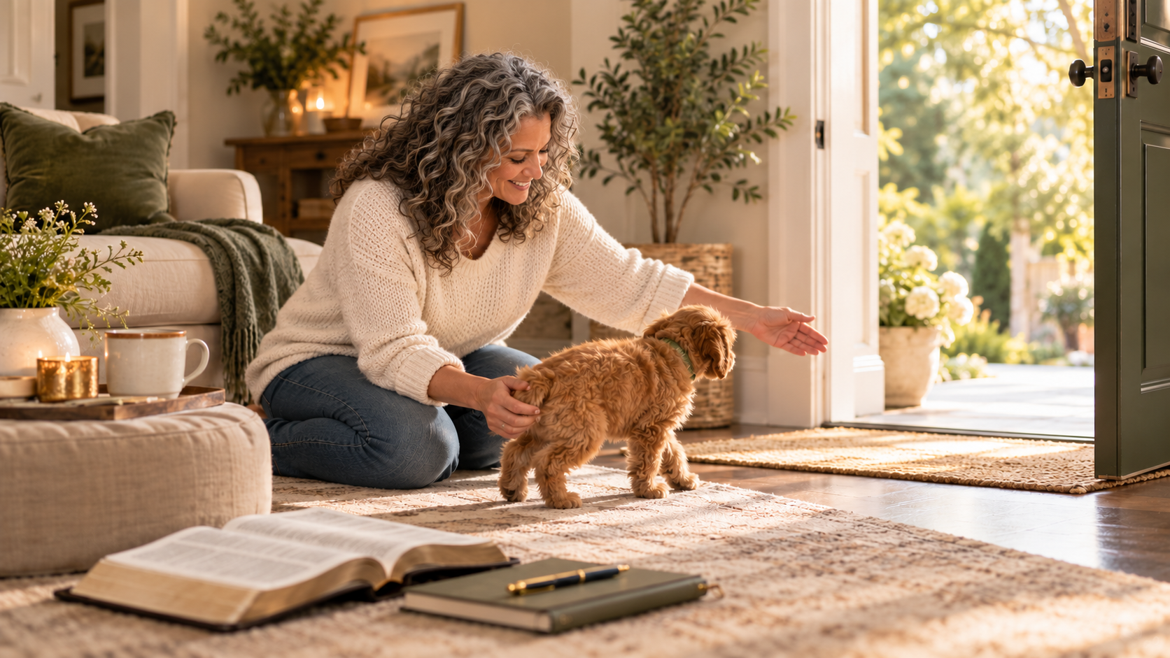 Christian woman kneeling on a living room rug, guiding a fluffy golden puppy toward an open front door, with an open Bible and journal nearby, illustrating renewing your mind and overcoming perfectionism.