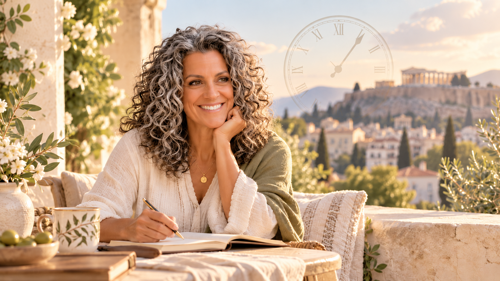 Leneé journals on a sunlit terrace in Athens, the Acropolis behind her and a faint clock fading into the sky.