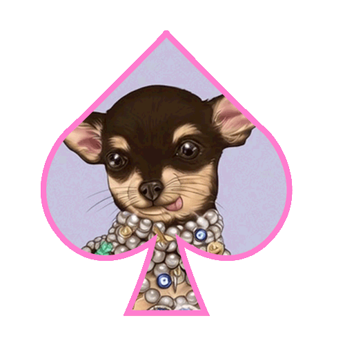 Illustration of a small puppy with big eyes, wearing multiple pearl necklaces, inside a pink spade shape with a purple background.
