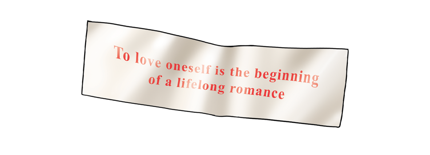 A crumpled white paper with a quote in red text that reads, 'To love oneself is the beginning of a lifelong romance' on a black background.