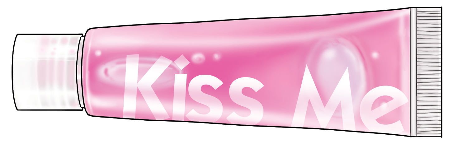 A pink tube of lip gloss with the words "Kiss Me" written on it.