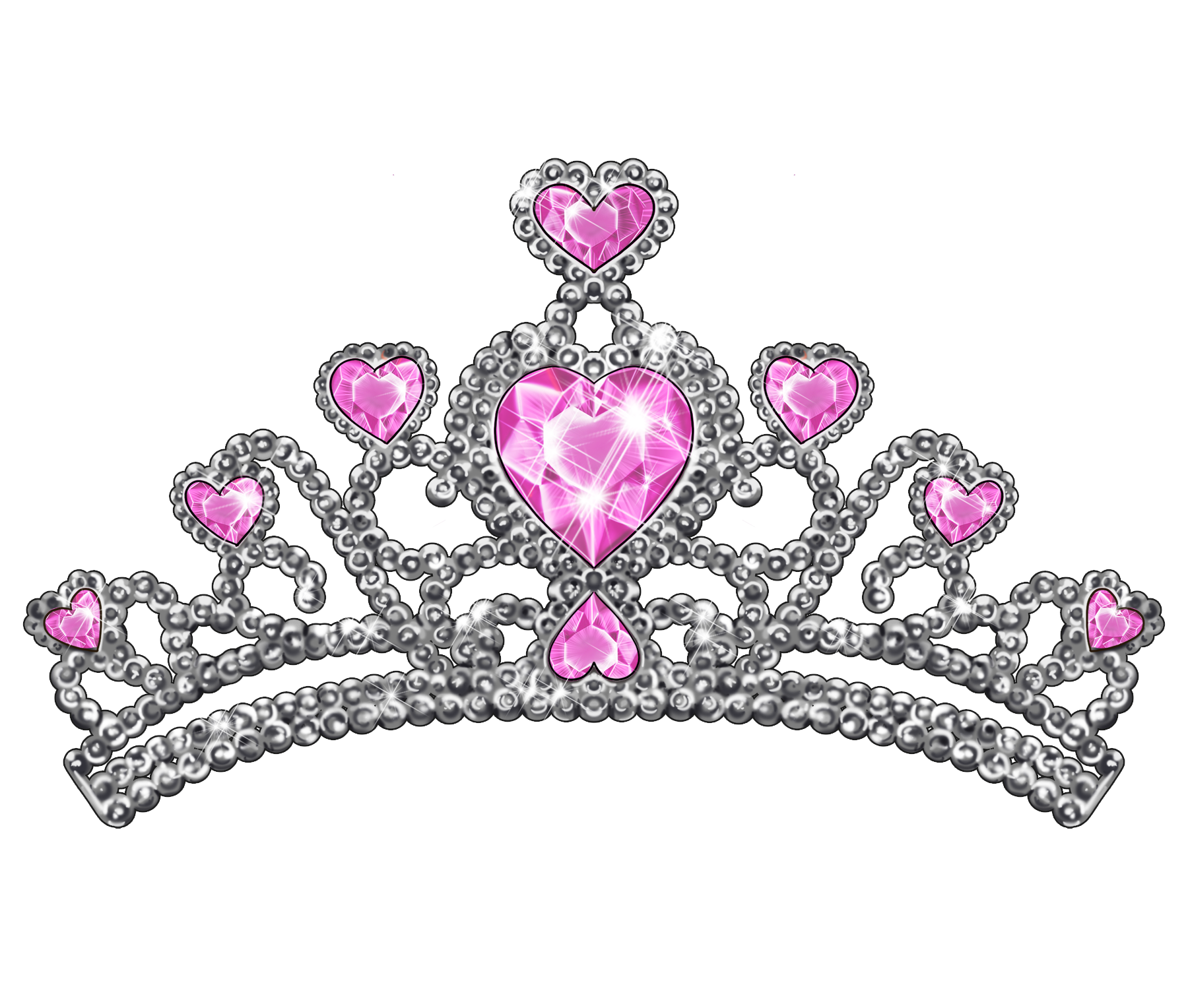 A decorative tiara made of silver beads with pink gemstone hearts, featuring a central large pink heart, against a black background.