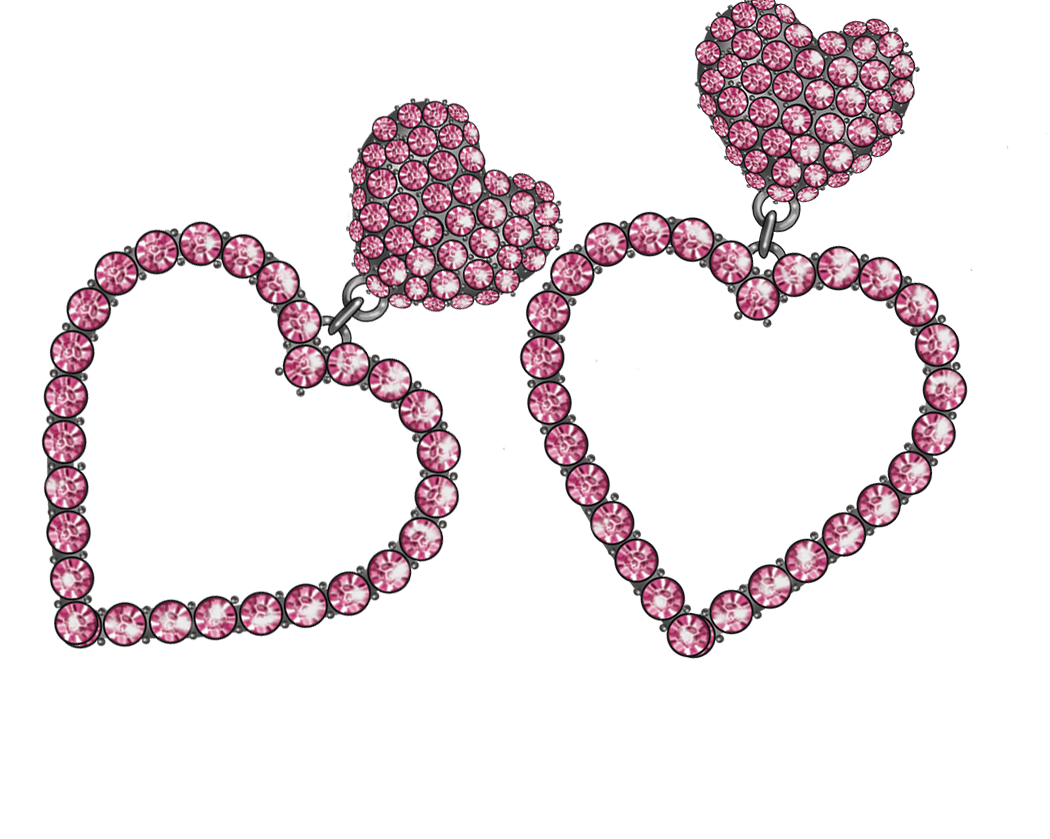 A crystal jewelry set consisting of two heart-shaped pendants, a ring, and a bracelet, all adorned with pink gemstones.