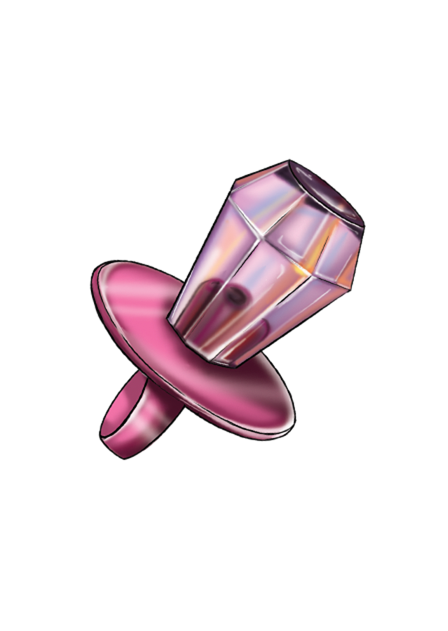 A pacifier with a pink nipple and a shiny, iridescent handle.