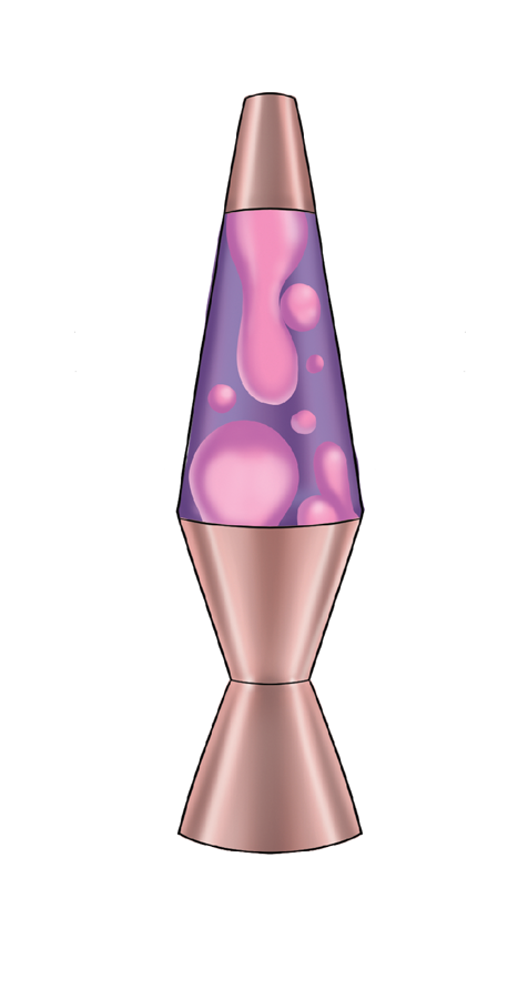 A pink and purple lava lamp with bubbles inside, standing on a reflective surface.
