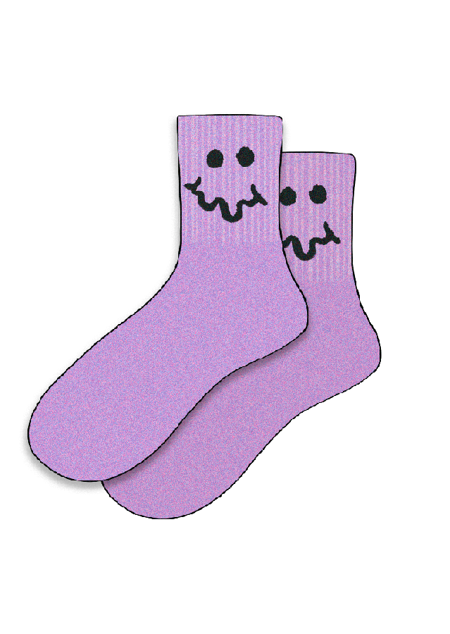 Purple socks with black smiley face and speech bubble designs, floating against a black background.