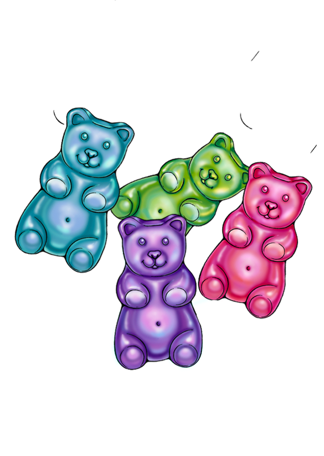 Four colorful, shiny teddy bears in blue, green, purple, and pink, arranged against a black background.