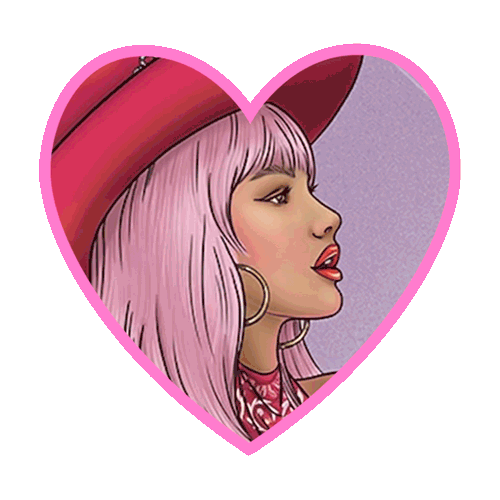 Illustration of a woman with pink hair and a pink hat inside a heart shape.
