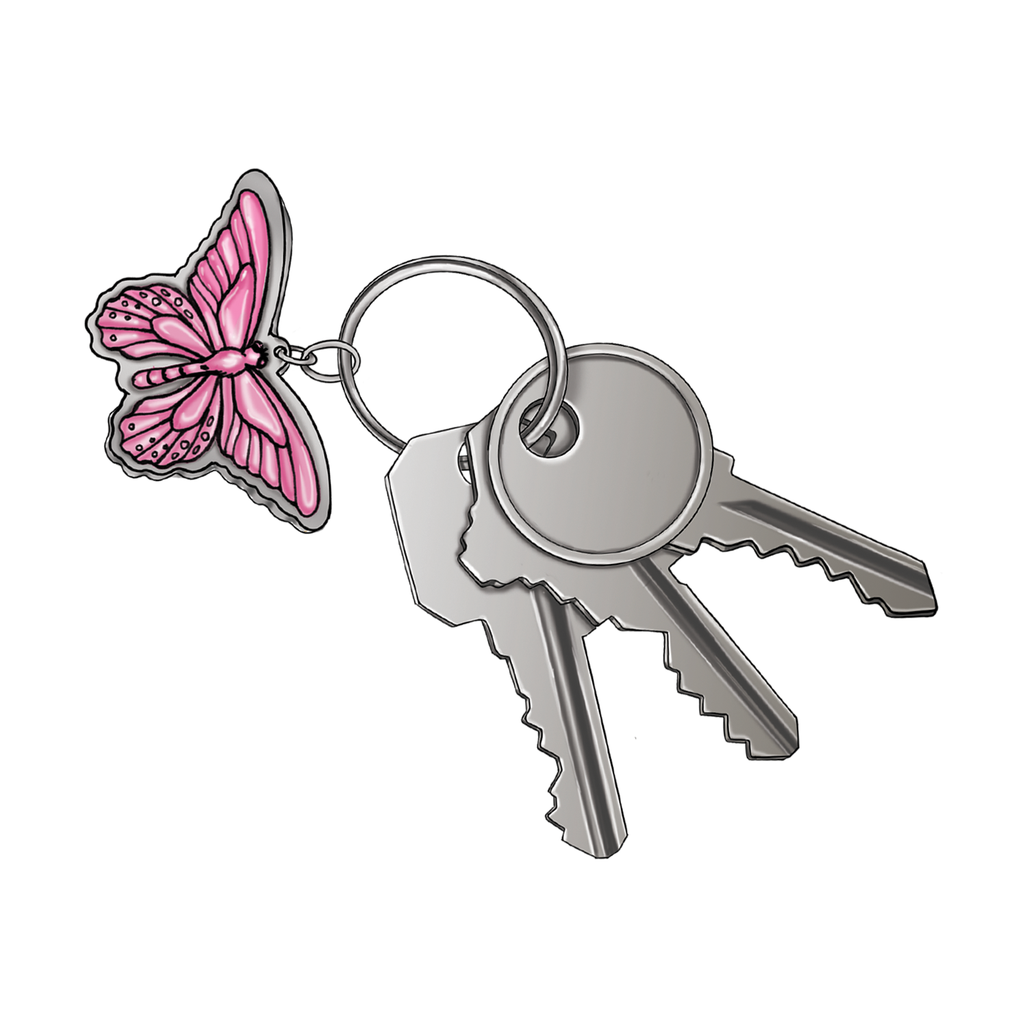 Keychain with pink butterfly charm and two keys