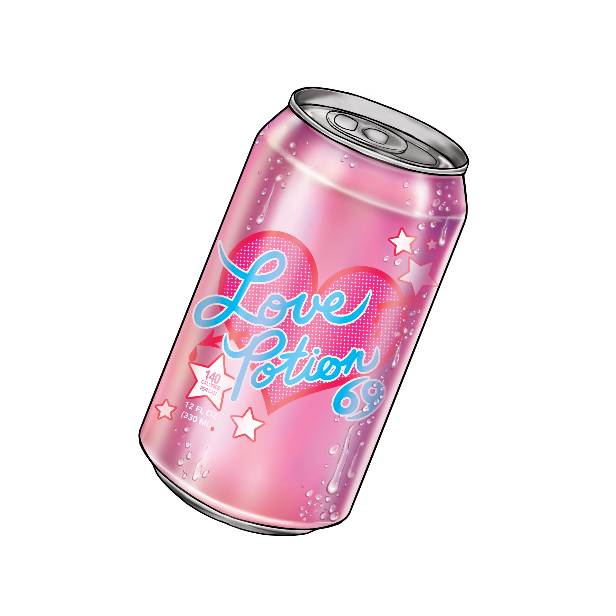 A pink soda can with a colorful design and bubbles on the surface.