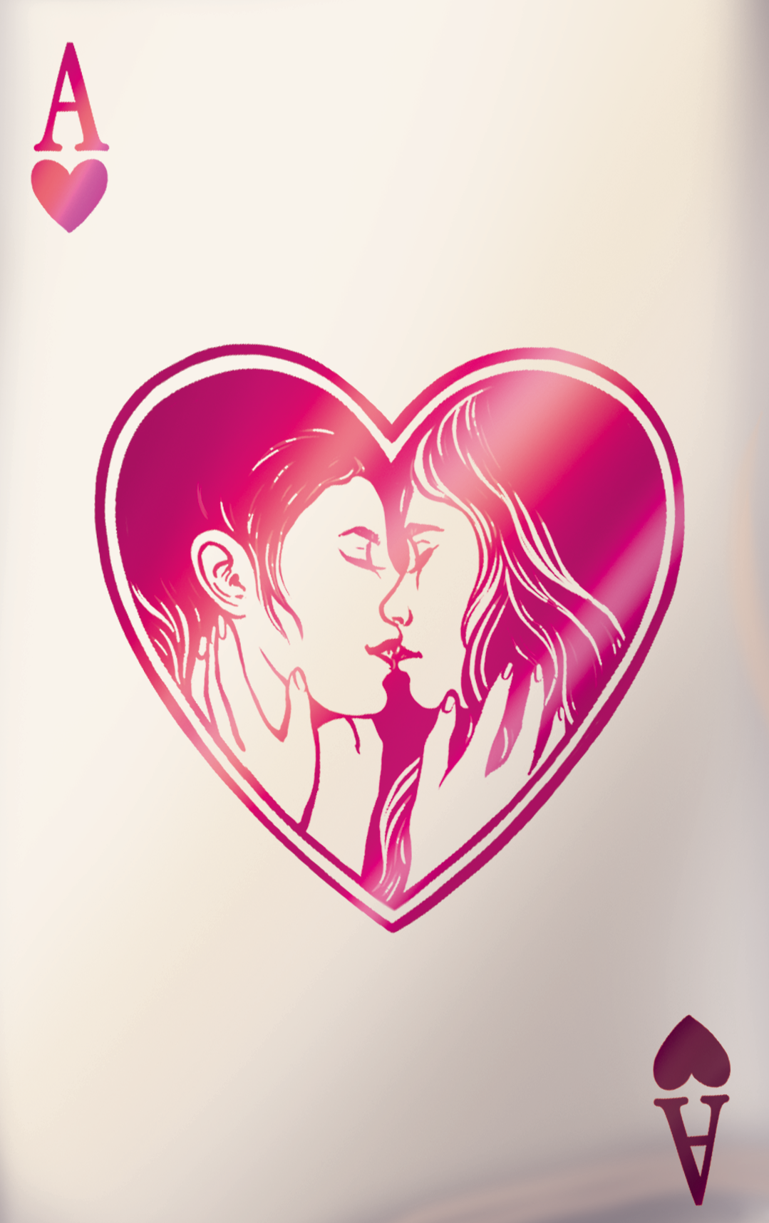 Ace of hearts playing card featuring an illustration of two women facing each other, with one woman with short hair and the other with long, wavy hair, depicted inside a heart outline.