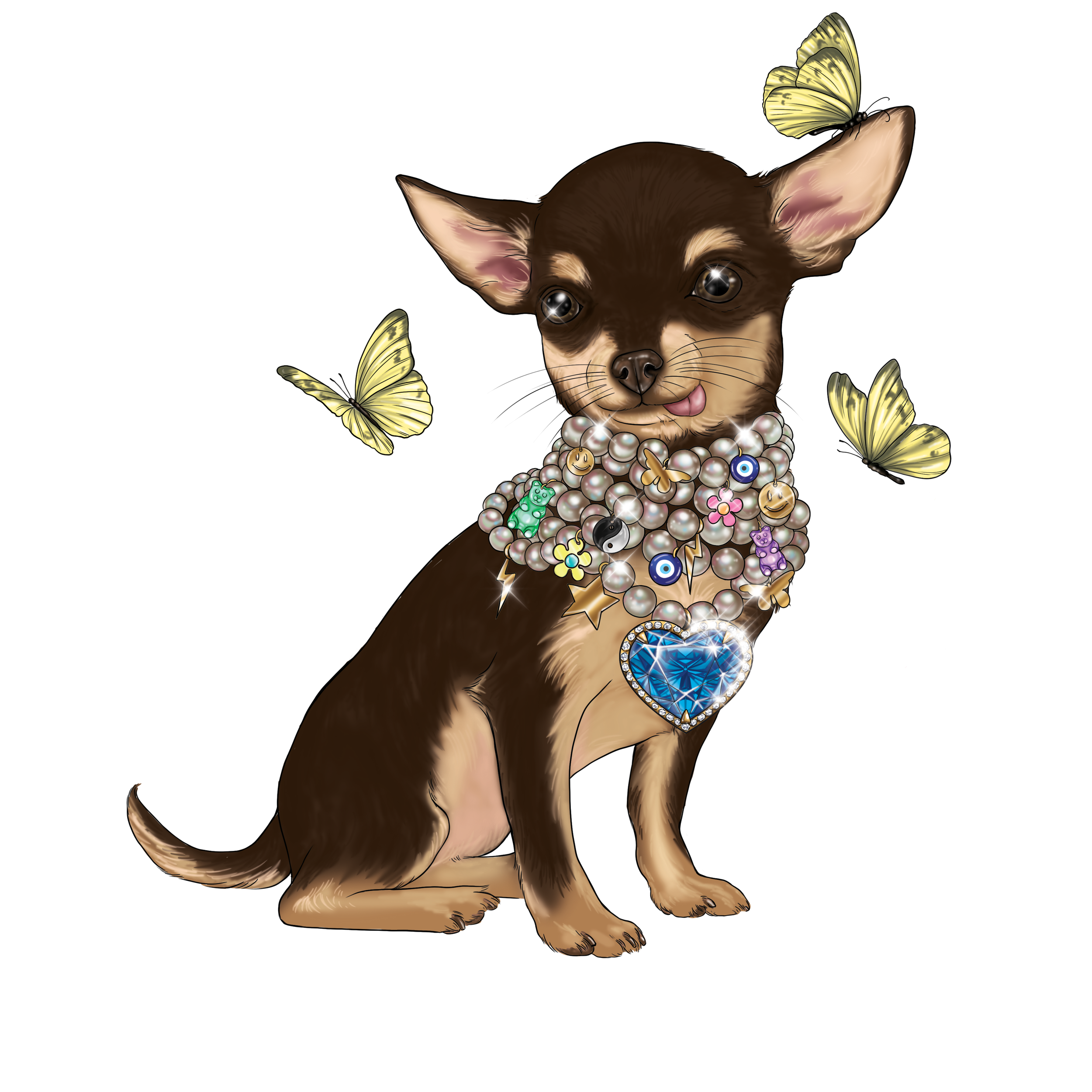 An illustrated puppy wearing a pearl necklace with various charms and jewelry, surrounded by yellow butterflies.