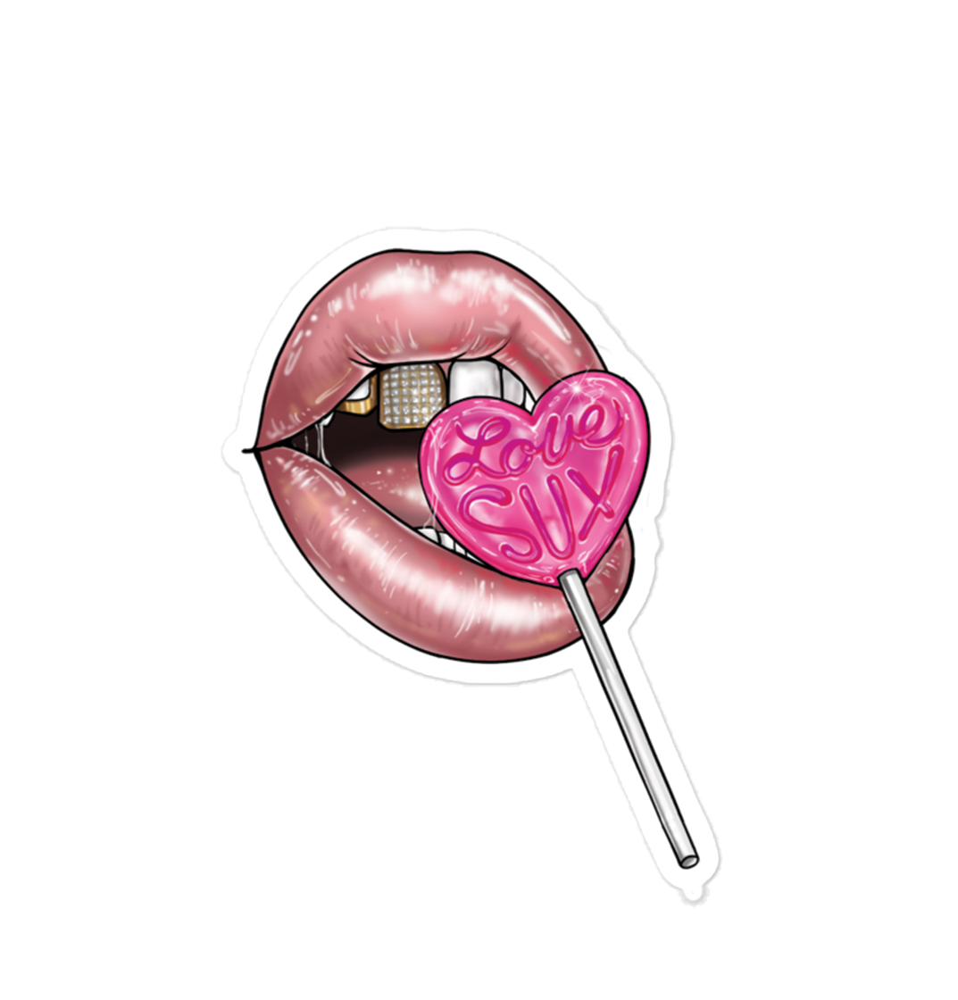 Illustration of lips with a gold grill, holding a pink heart-shaped lollipop that says 'Love Sux' inside.
