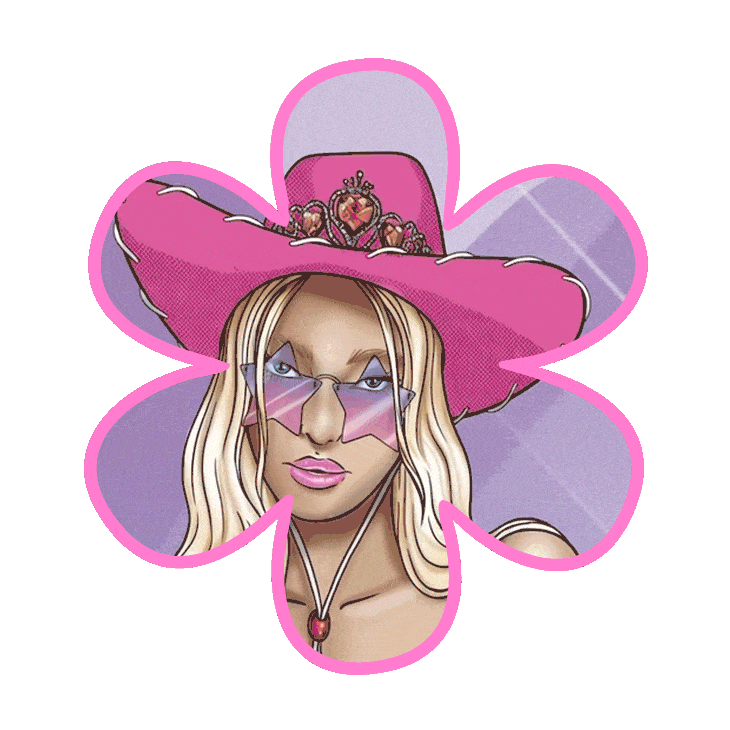 Cartoon illustration of a woman with long blonde hair, wearing pink sunglasses, a pink wide-brimmed hat decorated with a crown and jewels, and a necklace with a pink heart pendant. The background is pink with a four-leaf clover outline.