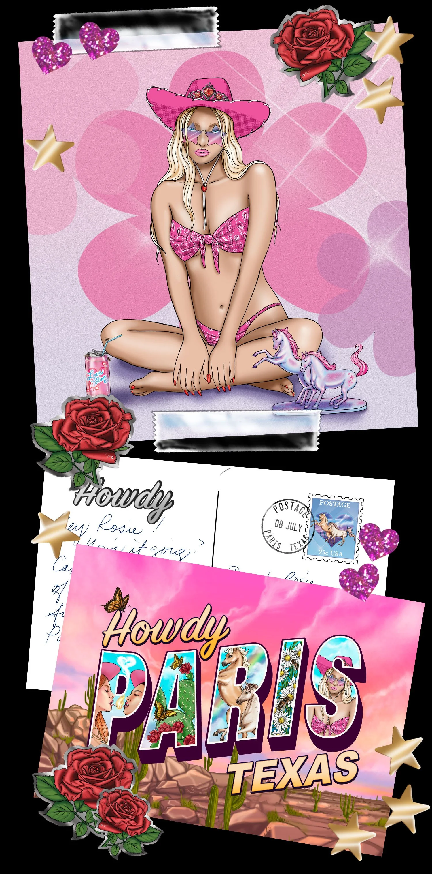 A digital illustration of a woman with long blonde hair wearing pink sunglasses, a pink cowboy hat, and pink lingerie, sitting cross-legged. The scene is decorated with roses, gold stars, and purple glitter hearts. There's a unicorn figurine, a pink drink with a straw, and a postcard with a postmark from Paris, Texas. A colorful sign in the background reads 'Howdy PARIS TEXAS' with desert scenery and mountains.