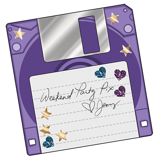 A purple floppy disk with star and heart stickers, containing a handwritten note that says 'Weekend Party Pix - Jenny'.