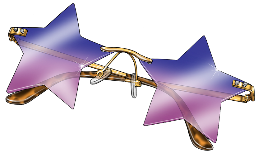 A pair of star-shaped sunglasses with purple-tinted lenses and gold accents, including gold arms and a bridge, against a black background.