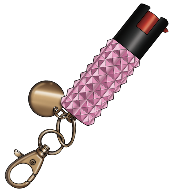 A pink lipstick with a textured diamond pattern on the casing, attached to a keychain with a small bell, resting on a surface.