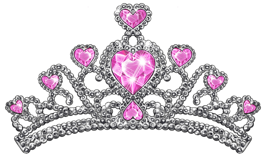 A princess tiara decorated with pink heart-shaped jewels and silver beads.