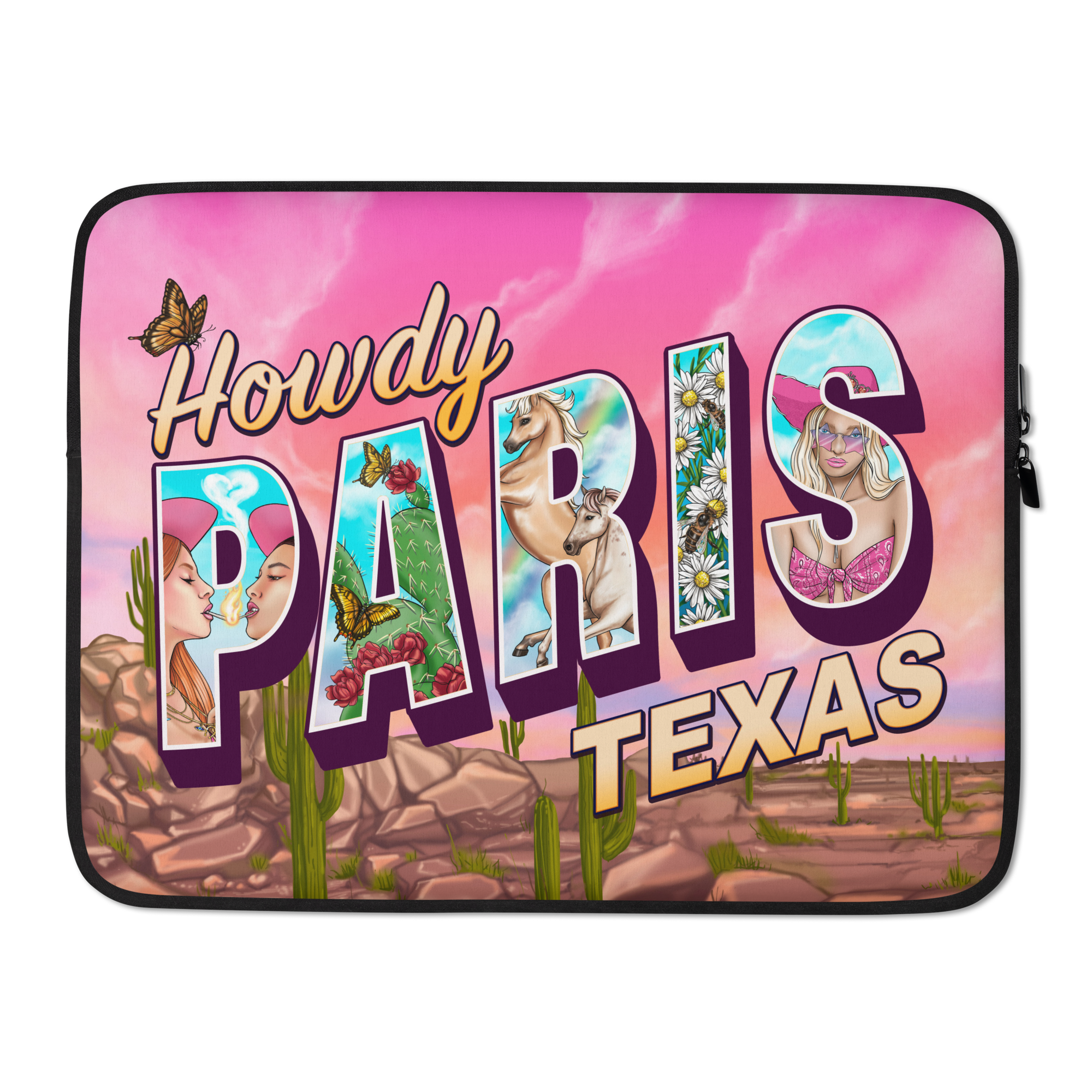 Colorful poster with the words 'Howdy Texas' and various illustrations including a woman, a horse, daisies, a cactus, and butterflies, set against a desert landscape with a pink sky.