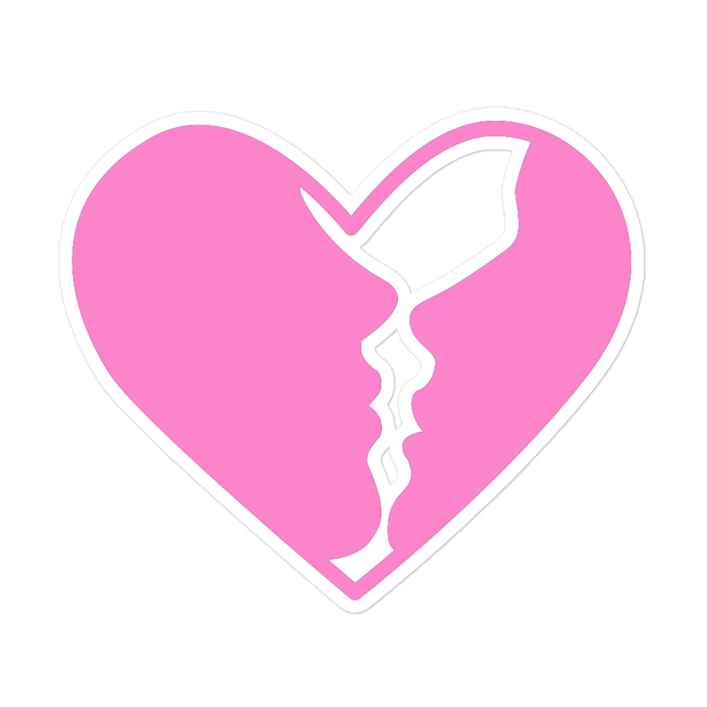 A broken pink heart with a white outline and a black background.
