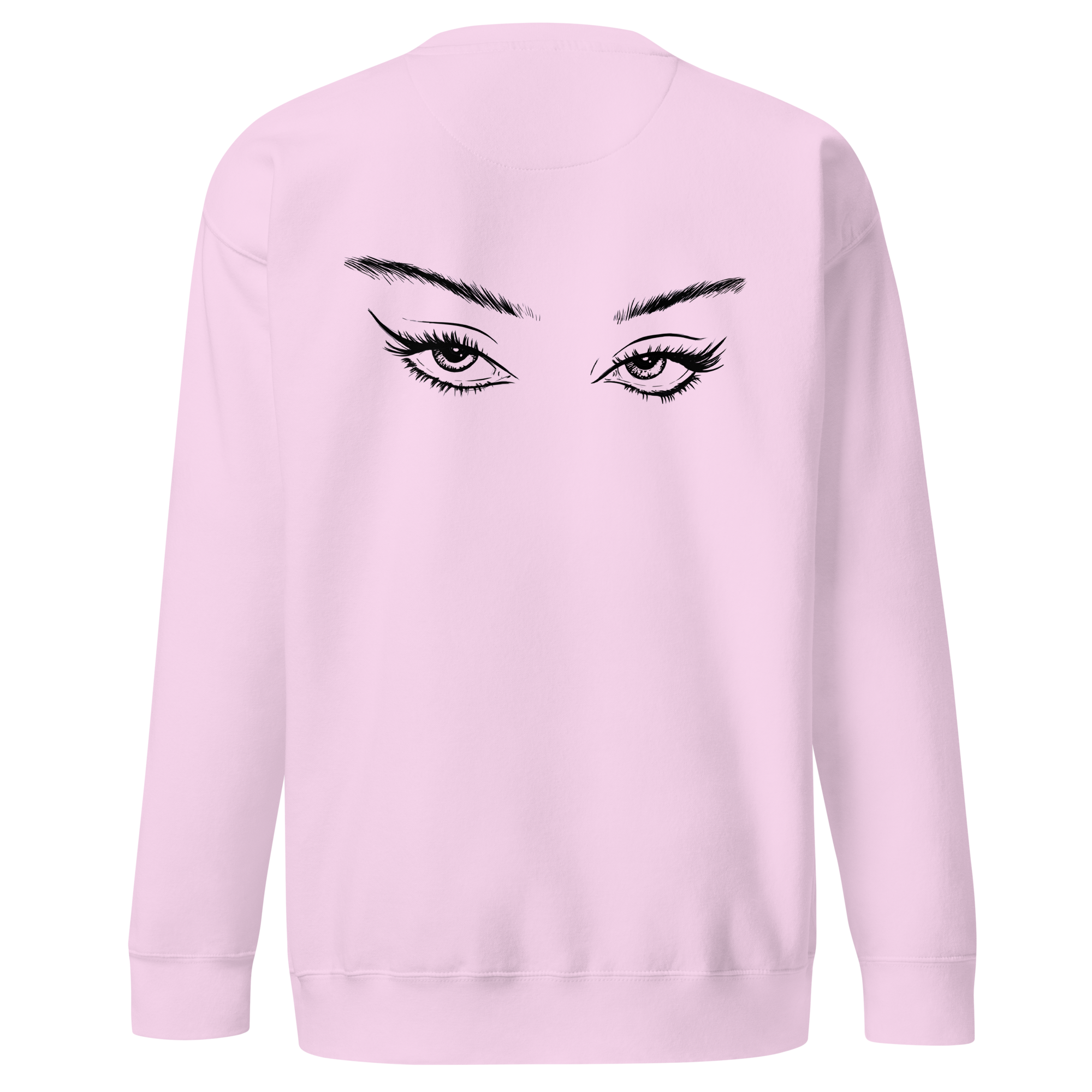 Light pink sweatshirt with a graphic of a woman's eyes printed on the front.