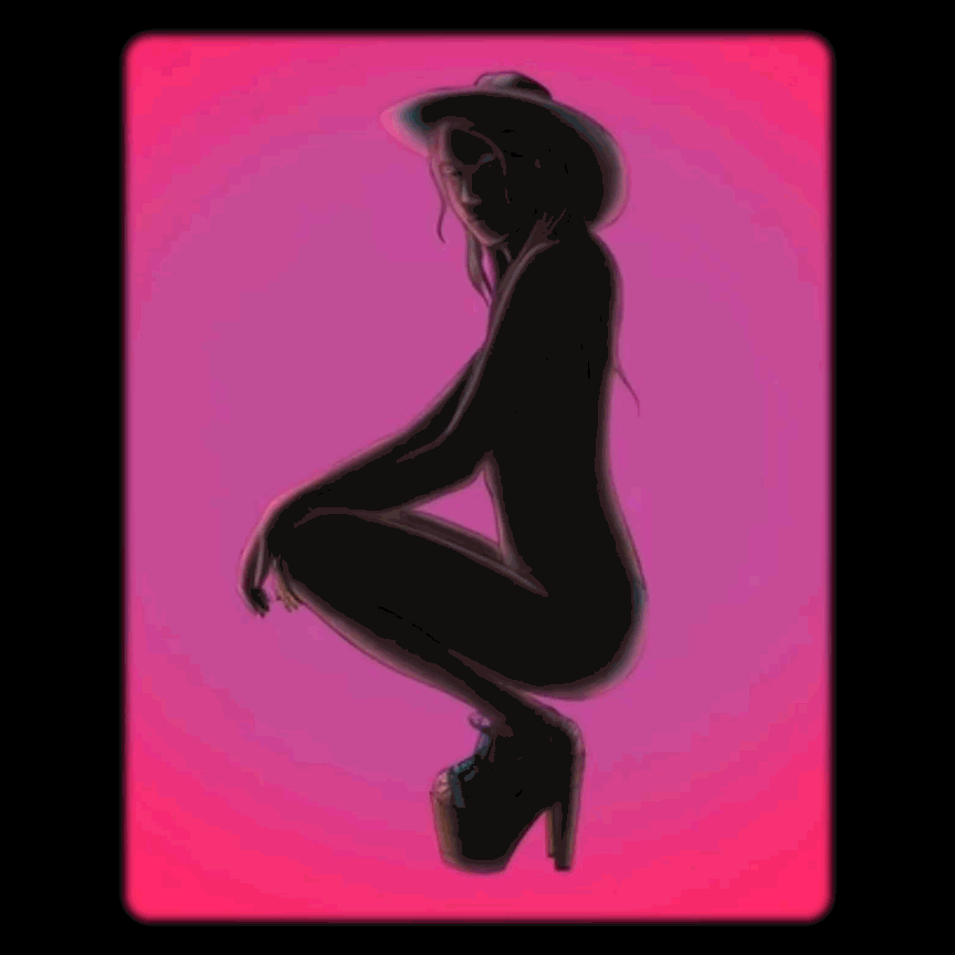 Silhouette of a woman wearing a hat, sunglasses, and high heels, sitting against a pink background.