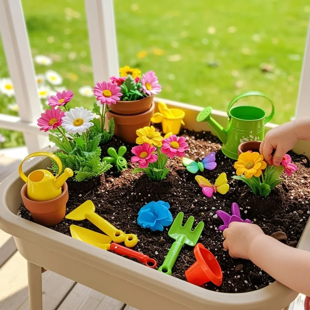 Child planting colorful plastic flowers in a garden bed with toy gardening tools and watering cans.