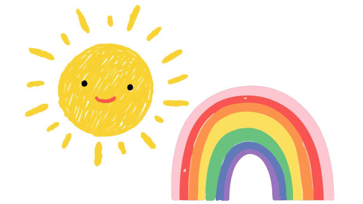 A cheerful drawing of a smiling yellow sun with facial features and radiating rays, and a colorful rainbow with red, orange, yellow, green, blue, and purple arcs.