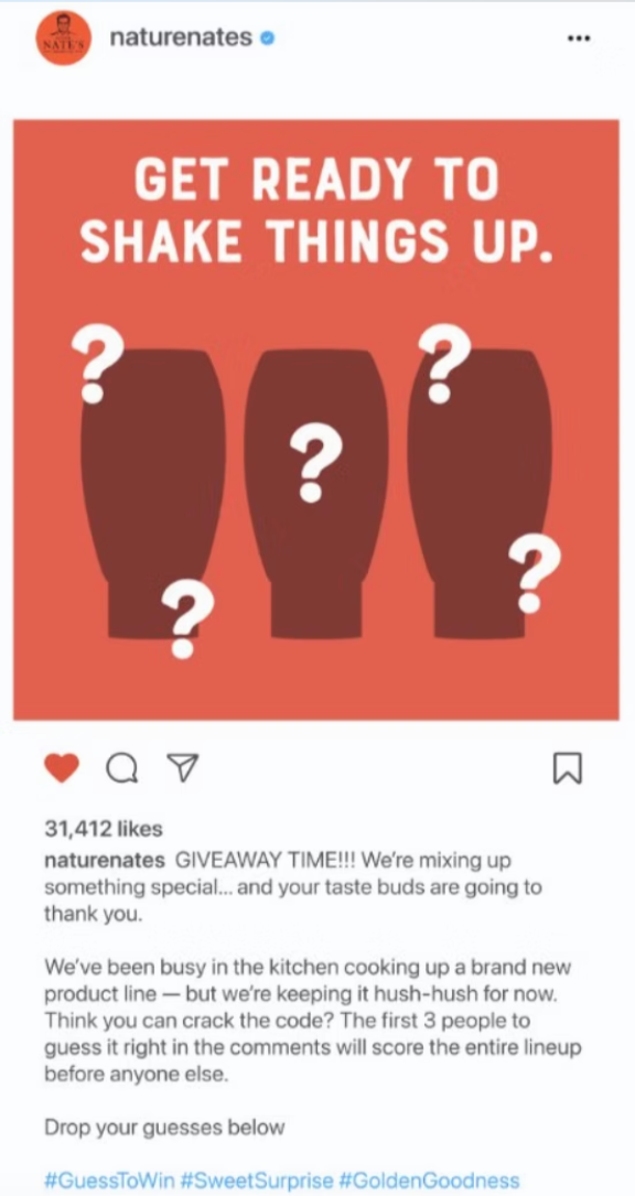 Social media post with an orange background featuring three brown condiment bottles, each with a white question mark. Text at the top reads, 'Get ready to shake things up,' encouraging guesses for the mystery bottles in a giveaway promotion.
