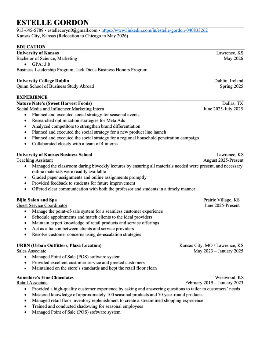 Resume of Estelle Gordon showing contact information, LinkedIn profile, education details including University of Kansas and University College Dublin, and work experience at Nature Nate's, University of Kansas Business School, Bijin Salon and Spa, URBN, and Annedore's Fine Chocolates.