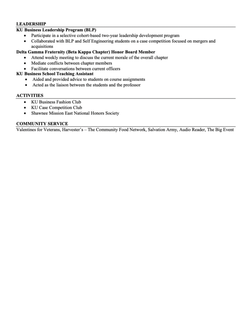 A printed document detailing leadership and community service activities and roles, including KU Business Leadership Program, Delta Gamma Fraternity, KU Business School Teaching Assistant, various clubs, and community service projects.
