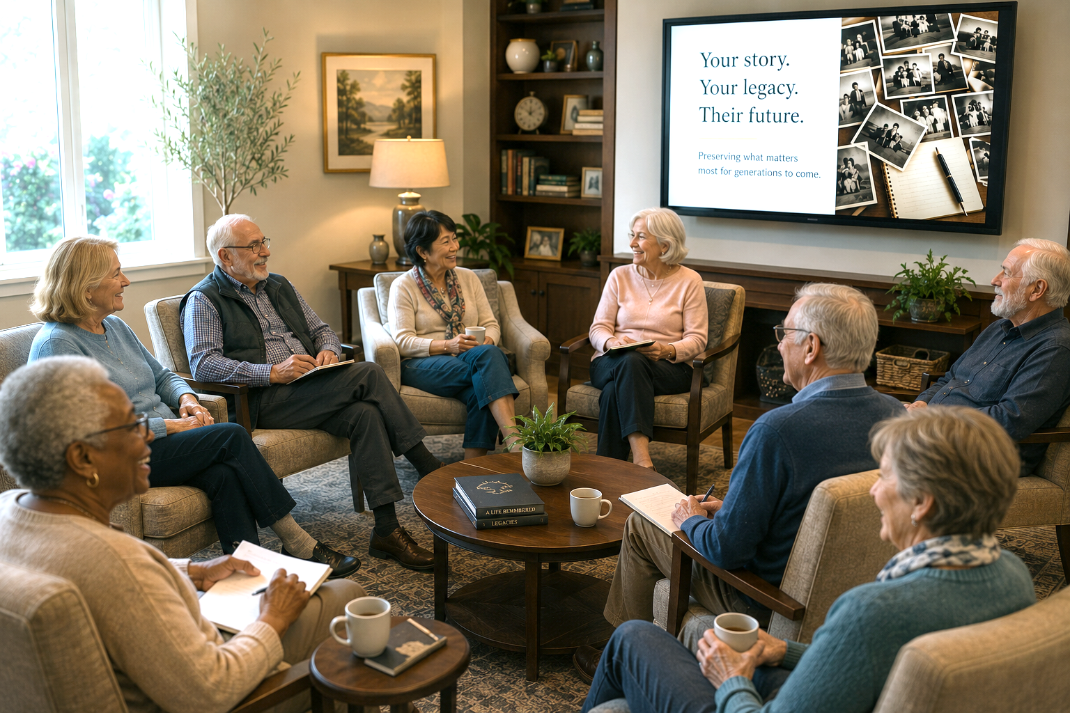 A group of older adults gathered in a cozy living room, sitting on sofas and chairs, engaging in a discussion or meeting. There is a large window on the left letting in natural light, and a big flat-screen TV on the wall displaying a slide with text about preserving legacy for future generations. The room has shelves with books and decorative items, and a coffee table in the center with books, a potted plant, and mugs.